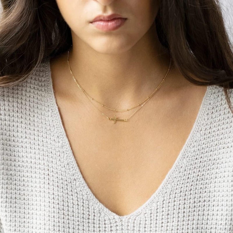 VIROMY Gold Cross Necklace for Women 14K Gold Plated Cute Sidways Cross Pendant Choker Necklaces Simple Trendy Everyday Jewelry for Women - Image 2